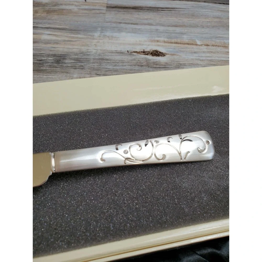 Carlton Cards Wedding Cake Server and Knife Set Silver Scroll Rhinestone NWT